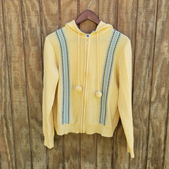 Old Navy Vtg 90s Yellow Full Zip Hooded 100% Lambs Wool Sweater Womens Size L - Picture 9 of 9